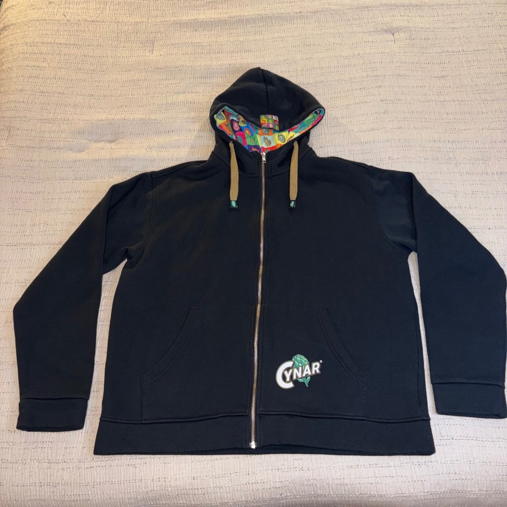 Cynar Amaro Liqueur Mens M Black Full Zip Hoodie Artichoke Print Hood Lining